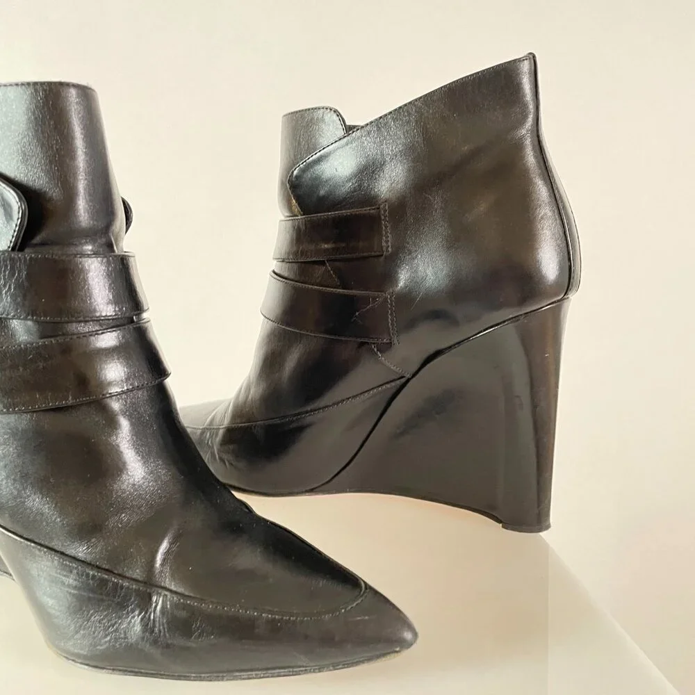 Minimalist | Derek Lam Black Leather Ankle Boot Wedge | Pointy Toe | Gold Buckle